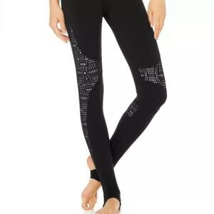 ALO Yoga Coast Leggings S Women's Black Mesh Cut Outs Stirrup PocketLogo RARE